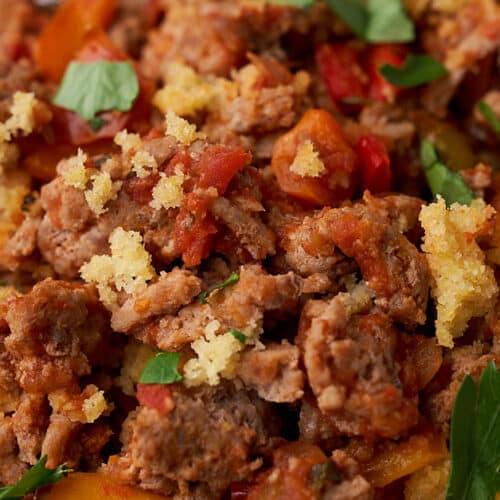 closeup of the turkey tamale pie and its meat salsa and cornbread